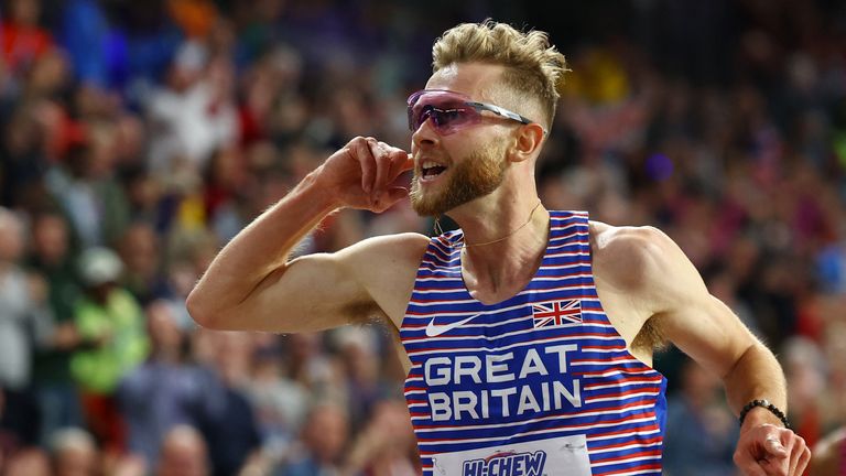 Josh Kerr celebrates winning the men&#39;s 3000m at the World Athletics Indoor Championships earlier this year. Pic: Reuters