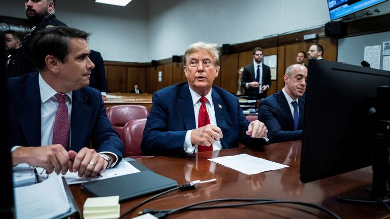 Donald Trump in Manhattan Criminal Court with his legal team before jury selection begins 