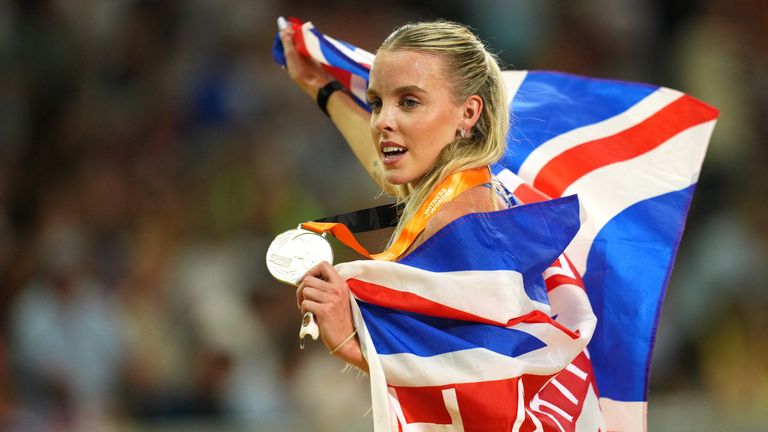 Britain&#39;s Keely Hodgkinson celebrates with her silver medal after the World Athletics Championship 800m Final in Budapest. Pic: Reuters