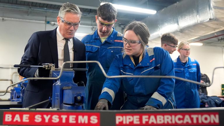 Sir Keir Starmer being shown tools during a campaign visit to BAE Systems in Barrow-in-Furness, Cumbria.
Pic: PA