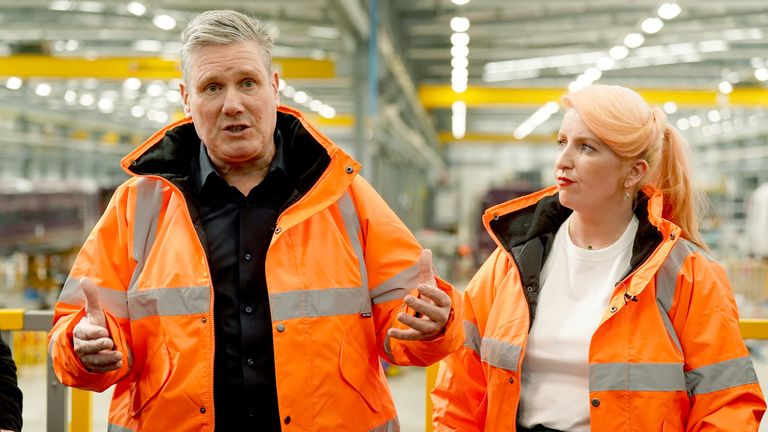 Keir Starmer and shadow transport secretary Louise Haigh during a visit to the Hitachi rail manufacturing plant in Newton Aycliffe, County Durham.
Pic: PA