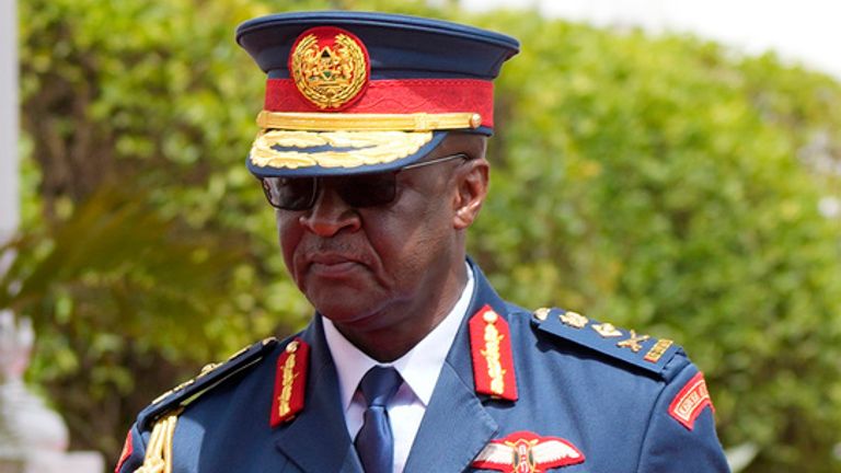 FILE - Kenya&#39;s military chief General Francis Ogolla is dressed in full uniform at the State House in Nairobi, Kenya, Nov. 14, 2023. Ogolla died in a helicopter crash west of the country, President William Ruto announced Thursday, April 18, 2024, evening and declared three days of national mourning. (AP Photo/Brian Inganga, File)