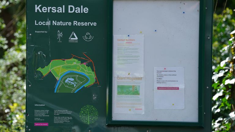A noticeboard at the entrance to Kersal Dale, near Salford, where a major investigation has been launched after human remains were found on Thursday evening. Greater Manchester Police (GMP) said officers were called by a member of the public who found an "unknown item wrapped in plastic". Pic: PA