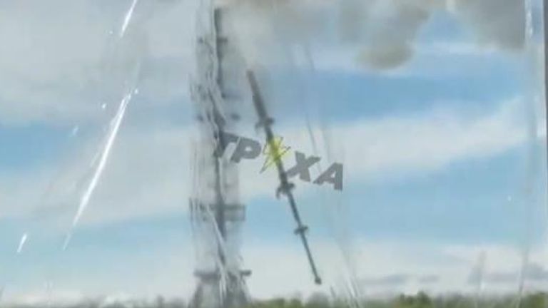 TV tower snaps in half in Kharkiv