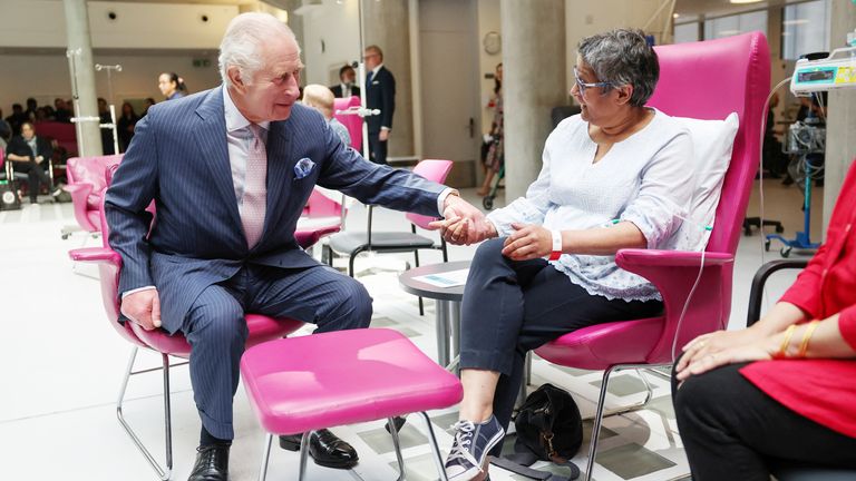 King Charles meets with patients during a visit to the University College Hospital Macmillan Cancer Centre.
Pic: Reuters