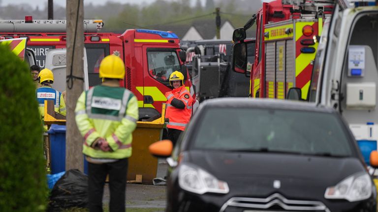 sEmergency service on St Gile&#39;s Road in Knutton, North Staffordshire, where high winds caused damage in the early hours of the morning. Strong winds are sweeping across most of England, Wales and Northern Ireland after the Met Office issued a weather warning on Monday morning. Picture date: Monday April 15, 2024.