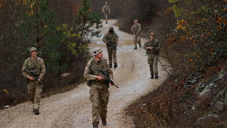 British troops take part in a NATO peacekeeping patrol along the Kosovo-Serbia border. Pic: Reuters