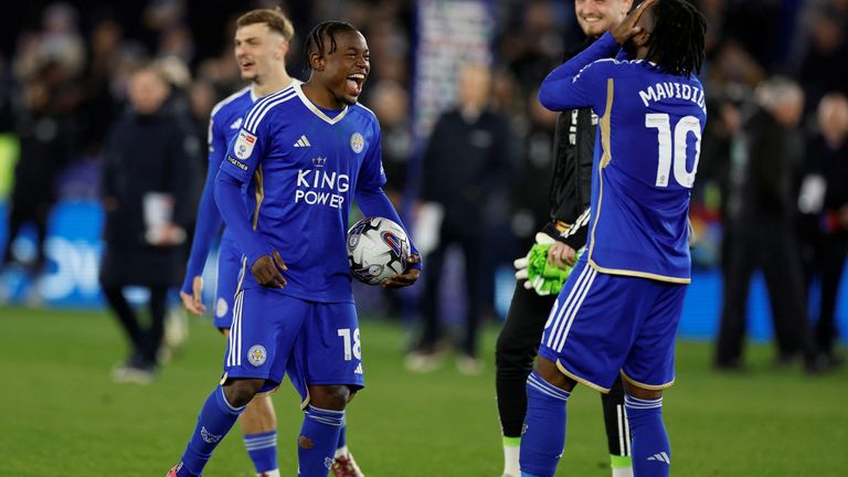 Leicester City&#39;s Abdul Fatawu celebates after completing a hat trick. Pic: Reuters