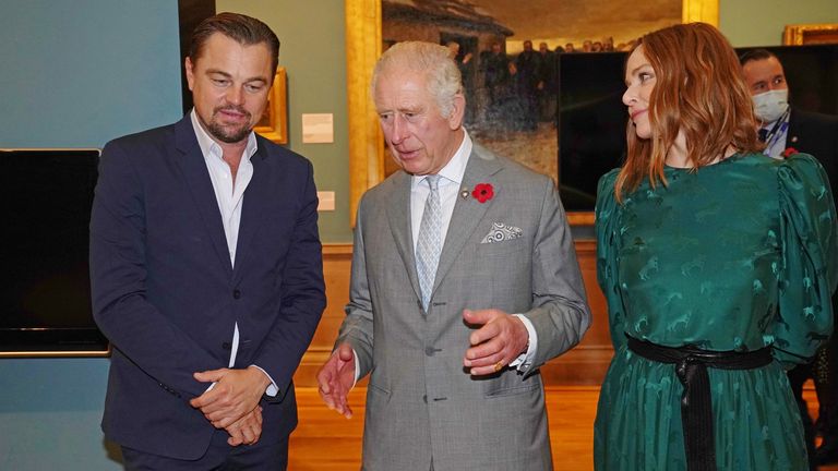 The Prince of Wales (centre) watches designers Stella McCartney (right) and Leonardo DiCaprio at Kelvingrove Art Gallery and Museum during the COP26 Summit at the Scottish Events Campus (left) chatting with designers Stella McCartney (right) and Leonardo DiCaprio (left) during a fashion installation (SEC) in Glasgow. Image date: Wednesday, November 3, 2021.