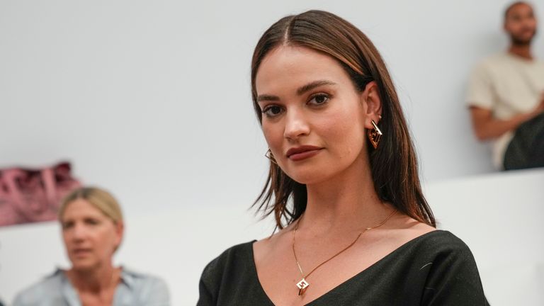 Lily James arrives for the Fendi Haute Couture Fall/winter 2023-2024 fashion collection presented in Paris, Thursday, July 6, 2023. (AP Photo/Christophe Ena)