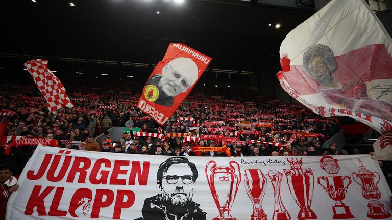 Soccer Football - FA Cup - Fourth Round - Liverpool v Norwich City - Anfield, Liverpool, Britain - January 28, 2024 Liverpool fans with a banner in support of manager Juergen Klopp inside the stadium before the match REUTERS/Phil Noble