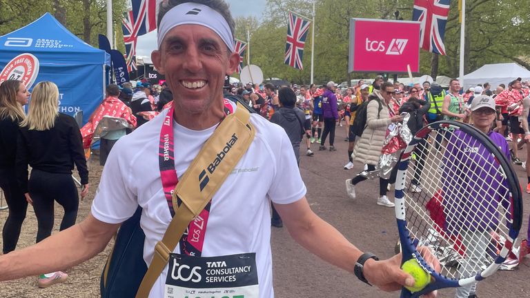 Sam Hull, 44, after finishing the TCS London Marathon, dressed as a tennis player. Picture date: Sunday April 21, 2024. Pic: PA