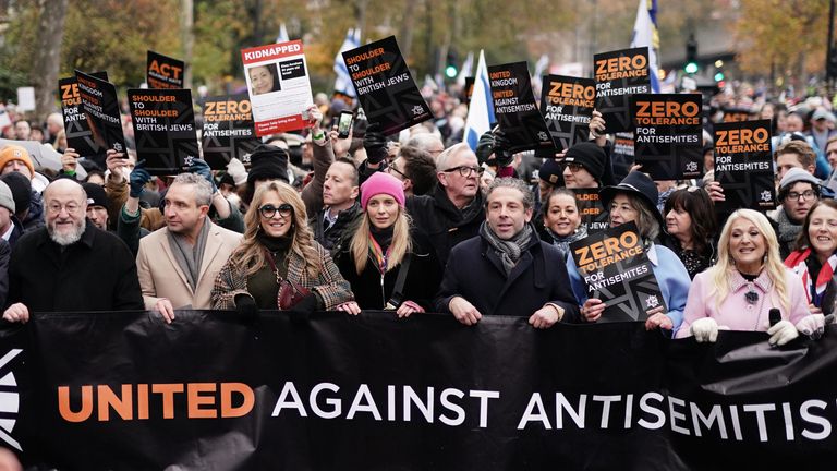 RETRANSMITTED CORRECTING NAME FROM TRACEY-ANN OBERMAN to TRACY-ANN OBERMAN (left to right) Chief Rabbi Mirvis, Eddie Marsan, Tracy-Ann Oberman, Rachel Riley, Maureen Lipman (second from right) and Vanessa Feltz (right) take part in a march against antisemitism organised by the volunteer-led charity Campaign Against Antisemitism at the Royal Courts of Justice in London. Picture date: Sunday November 26, 2023.


