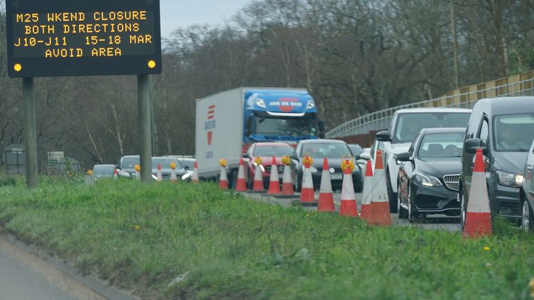 Traffic builds up in Cobham, Surrey, near a closed section of the M25 between junctions 10 and 11 on 16 March. Pic: PA