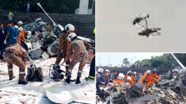 Comp for Malaysia helicopter crash story. Top right pic: X/Mohd Redzuan Abdul Manap. Left and bottom right pic: Perak Fire and Rescue Department
