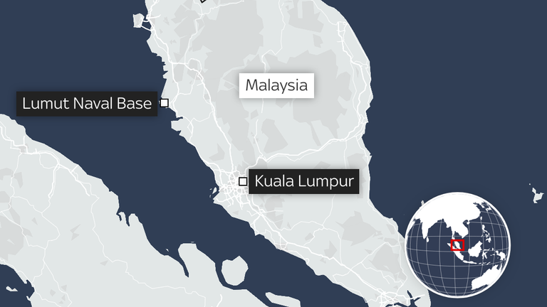 Map showing Lumut Naval Base in Malaysia following a crash involving two navy helicopters.