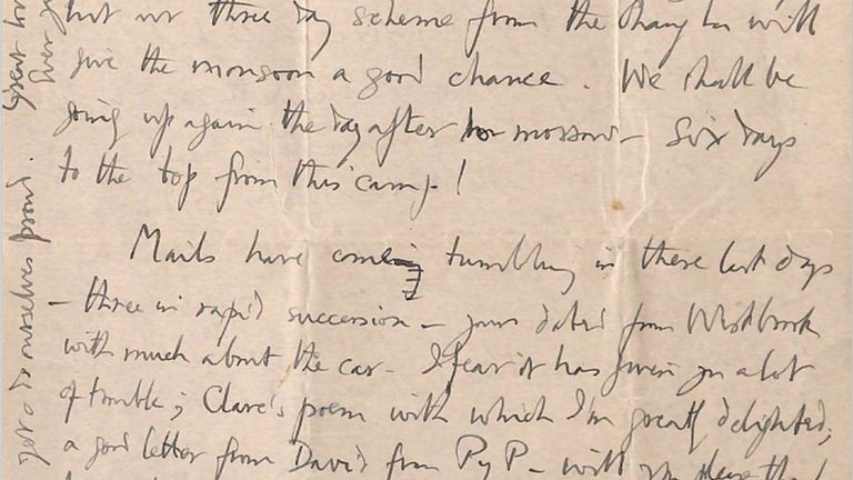 Photo issued by Magdalene College Cambridge of the final letter written by mountaineer George Mallory to his wife Ruth. Pic: PA
