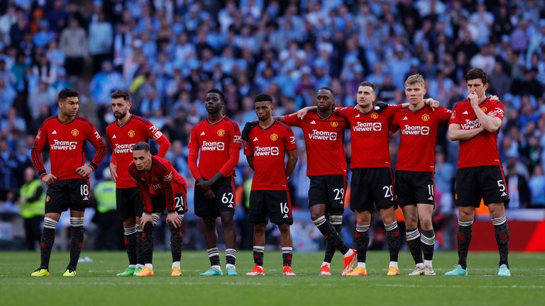 Manchester United's players watch on during their penalty shootout against Coventry in the FA Cup semi-final. Pic: Reuters