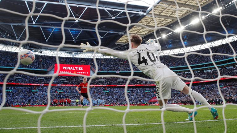 Manchester United's Rasmus Hoylund scored the winning penalty in the shootout to beat Coventry's Bradley Collins Picture: Action Images from Reuters