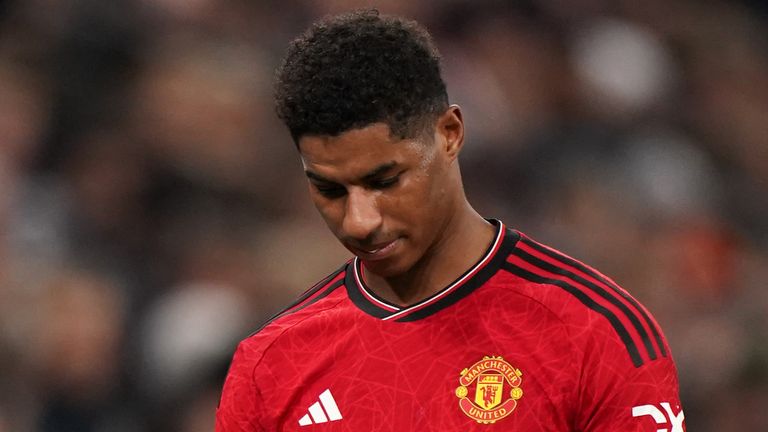 Manchester United&#39;s Marcus Rashford walks off the pitch after being shown a red card during the UEFA Champions League Group A match at the Parken Stadium, Copenhagen. Picture date: Wednesday November 8, 2023.

