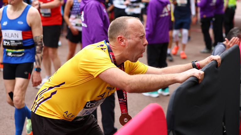 Matt Hancock MP reacts after finishing the London Marathon. Pic: Reuters