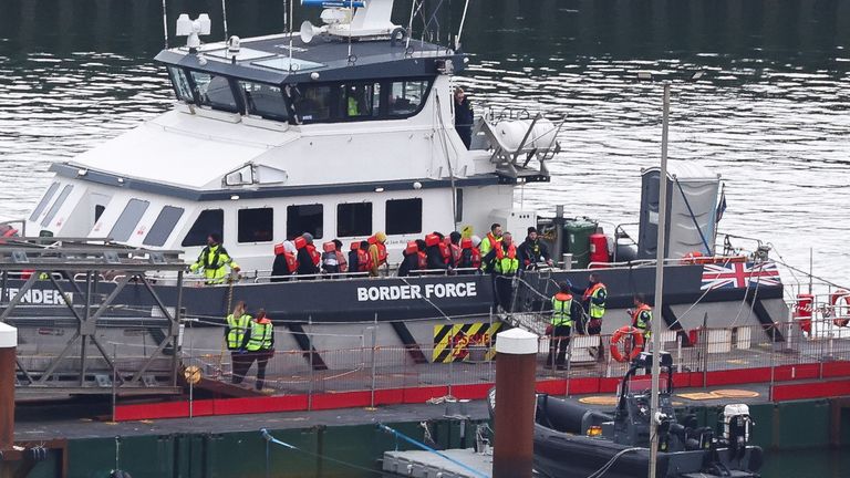 Pic: Reuters
People, believed to be migrants, prepare to disembark from a British Border Force vessel as they arrive at Port of Dover, Dover, Britain, April 23, 2024. REUTERS/Toby Melville