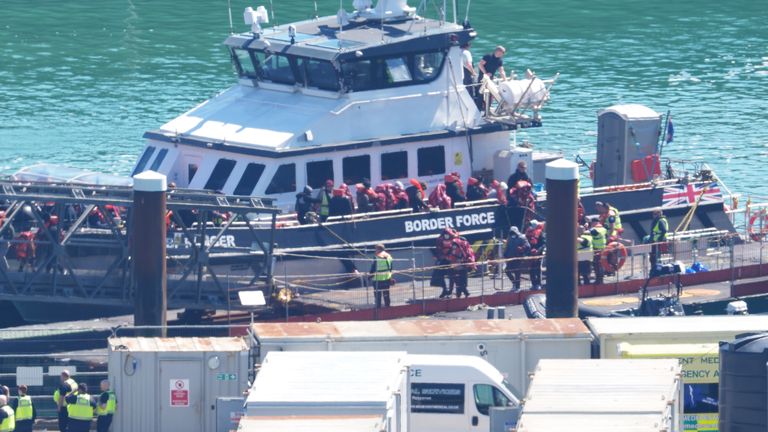 A group of people thought to be migrants are brought to Dover by a Border Force vessel following a small boat incident in the Channel. Pic: PA