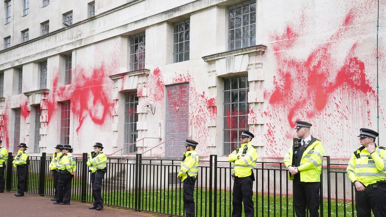 MoD police in London after members of Youth on Demand threw red paint outside the MoD building in London. Image date: Wednesday, April 10, 2024.