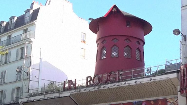Moulin Rouge loses its windmill blades and some signage over night