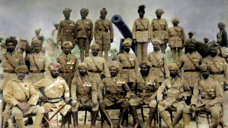 Dulmial village World War One veterans in 1925, showing Captain Ghulam Mohammed (centre, first row) and Subedar Mohammad Khan (second from right, centre row)