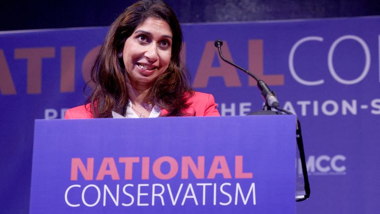 Suella Braverman gestures as she gives a keynote speech at the &#39;National Conservatism&#39; conference in Brussels.
Pic: Reuters