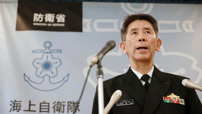 SAKAI Ryo, Chief of Staff, Japan Maritime Self-Defense Force, attends a press conference in Tokyo on April 21, 2024. Two Maritime Self-Defense Force patrol helicopters disappeared on the previous day night during an exercise above the waters east of Torishima Island, part of the Izu island chain, leaving one person dead and seven others on board missing. The Self-Defense Forces are searching the ocean with a destroyer and aircraft, believing that the two SH-60K helicopters may have crashed. The SDF have recovered parts of the aircraft at sea and is investigating the cause of the accident. ( The Yomiuri Shimbun via AP Images )