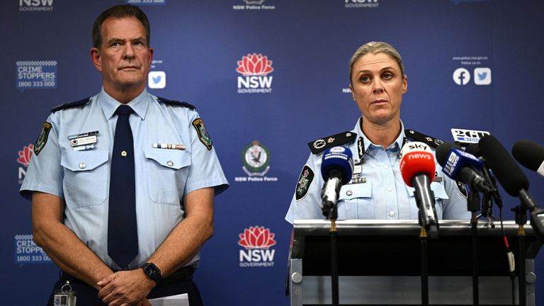 Australian Federal Police Deputy Commissioner Krissy Barrett along with NSW Police Deputy Commissioner David Hudson speak to media during a news conference after a number of search warrants were executed by the Joint Counter Terrorism Team this morning in Sydney, Australia April 24, 2024. AAP/Dan Himbrechts/via REUTERS ATTENTION EDITORS - THIS IMAGE WAS PROVIDED BY A THIRD PARTY. NO RESALES. NO ARCHIVE. AUSTRALIA OUT. NEW ZEALAND OUT. NO COMMERCIAL OR EDITORIAL SALES IN NEW ZEALAND. NO COMMERCIA