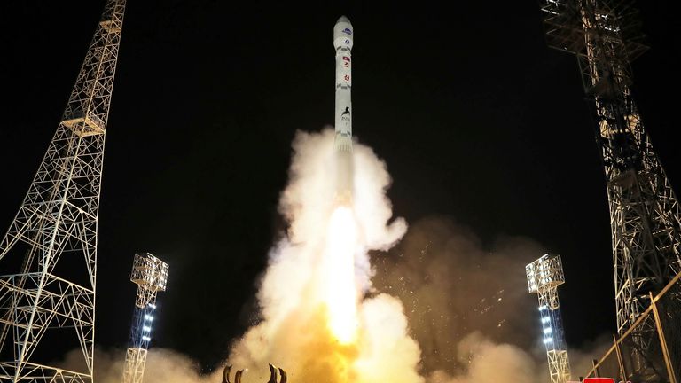North Korea&#39;s Malligyong-1, a military spy satellite, launches into orbit on 21 November 2023. Pic: Korean Central News Agency/AP