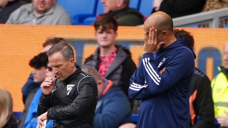 Forest boss Nuno Espirito Santo looks dejected during the match. Pic: PA