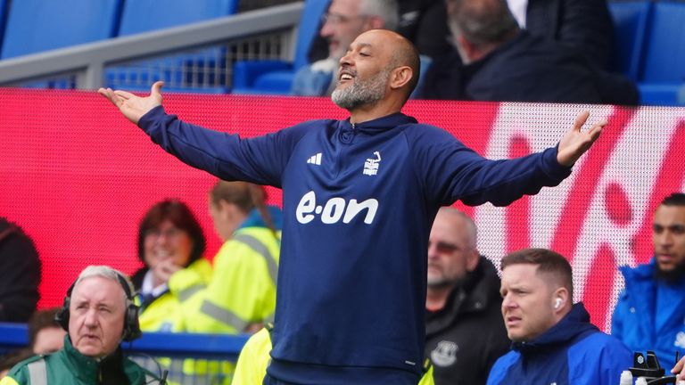 Nottingham Forest manager Nuno Esp..rito Santo during the Premier League match at Goodison Park, Liverpool. Picture date: Sunday April 21, 2024. PA Photo. See PA story SOCCER Everton. Photo credit should read: Peter Byrne/PA Wire...RESTRICTIONS: EDITORIAL USE ONLY No use with unauthorised audio, video, data, fixture lists, club/league logos or "live" services. Online in-match use limited to 120 images, no video emulation. No use in betting, games or single club/league/player publications.
