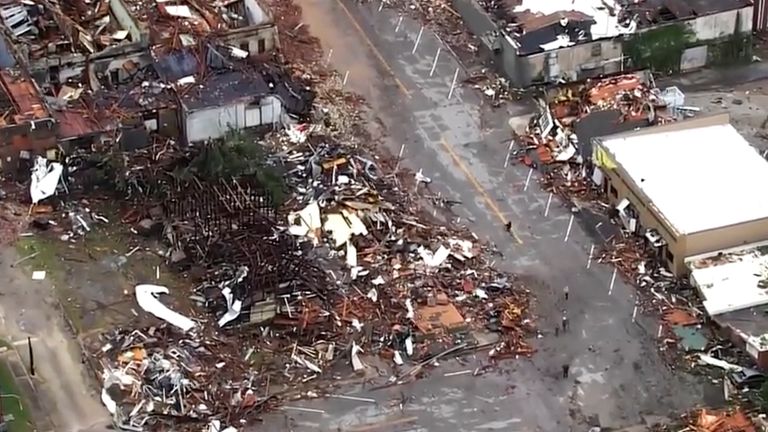 This image taken from video provided by KOCO shows damage caused by a tornado in Sulphur, Oklahoma.
Pic: KOCO/AP