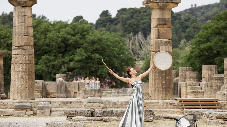 Performers acting as Priestess during the flame lighting ceremony for the Paris 2024 Olympics.
Pic: Reuters  