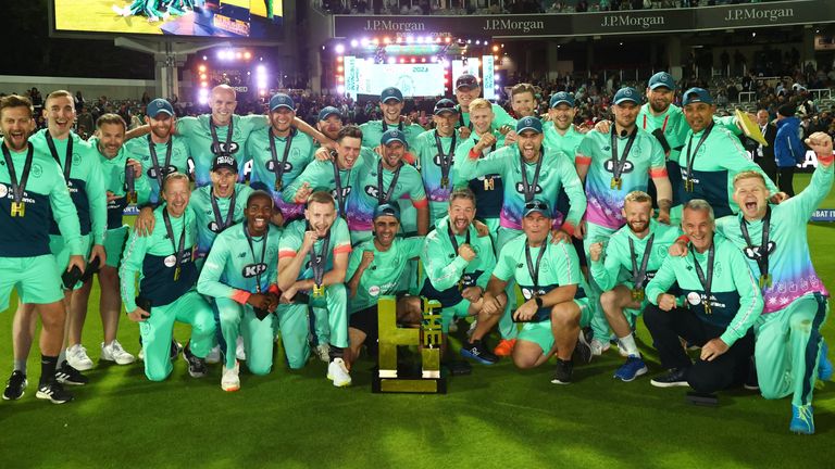 Oval Invincibles celebrate with the trophy after winning the men&#39;s hundred final in 2023. Pic: Reuters 