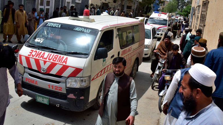 Ambulance carry bodies of people who were killed by gunmen, arrives at a hospital in Quetta, Pakistan, Saturday, April 13, 2024. Pakistani police are searching for gunmen who killed eight people after abducting them from a bus on a highway in the country&#39;s southwest, a police official said Saturday. Earlier, the same attackers killed two people and wounded six in another car they forced to stop. (AP Photo/Arshad Butt)