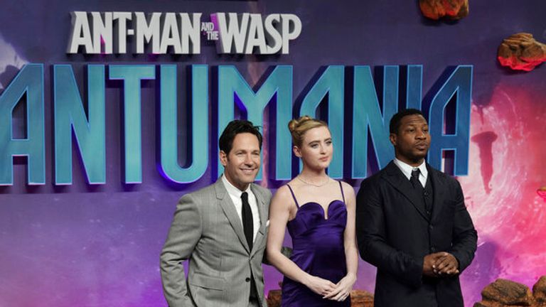 Kathryn Newton, from left, Paul Rudd, and Jonathan Majors pose for photographers upon arrival for the premiere of 'Ant Man and The Wasp: Quantumania' in London, Thursday, Feb. 16, 2023. (Photo by Scott Garfitt/Invision/AP)