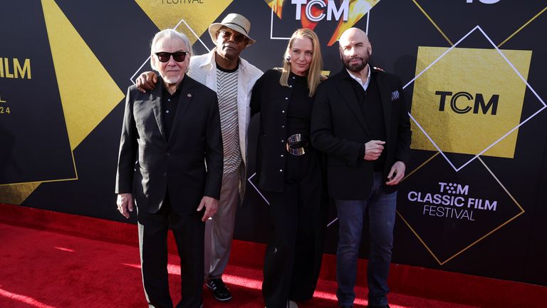 HOLLYWOOD, CA - APRIL 18: Samuel L. Jackson, Harvey Keitel, Uma Thurman, John Travolta at the TCM Classic Film Festival Opening Night: Pulp Fiction on April 18, 2024 at TCL Chinese Theater IMAX in Hollywood, California Credit: Faye Sadou/MediaPunch /IPX