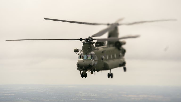 Pic: Louis Wood/PA
A chinook helicopter at the training camp where new recruits to the Ukranian army are being trained by UK military at a base near Manchester. Picture date: Thursday July 7, 2022.