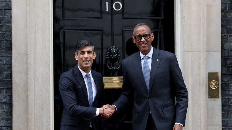 Rishi Sunak welcomes Rwandan President Paul Kagame outside 10 Downing Street.
Pic: Reuters