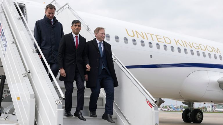 Rishi Sunak, Jeremy Hunt and Grant Shapps arrive at Warsaw Chopin airport.
Pic PA
