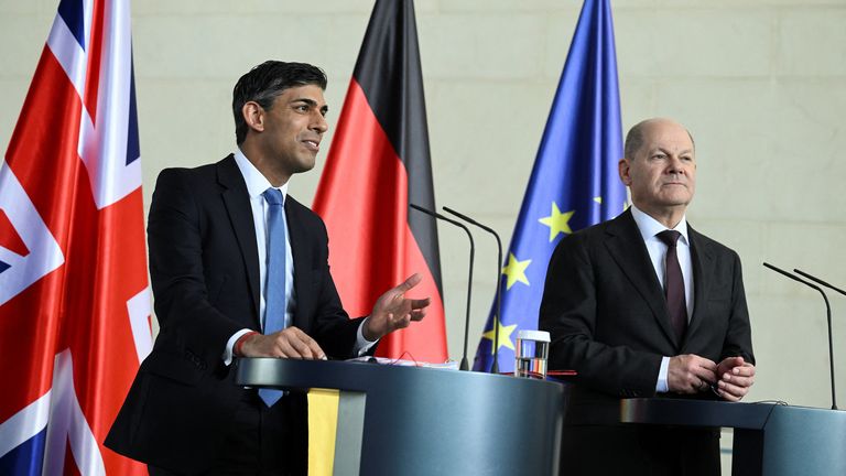 PIc: Reuters
German Chancellor Olaf Scholz and British Prime Minister Rishi Sunak attend a press conference, at the Chancellery in Berlin, Germany, April 24, 2024. REUTERS/Annegret Hilse