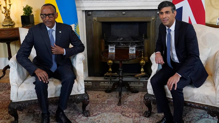 Rishi Sunak  and the President of Rwanda, Paul Kagame, ahead of their meeting at 10 Downing Street.
Pic: PA