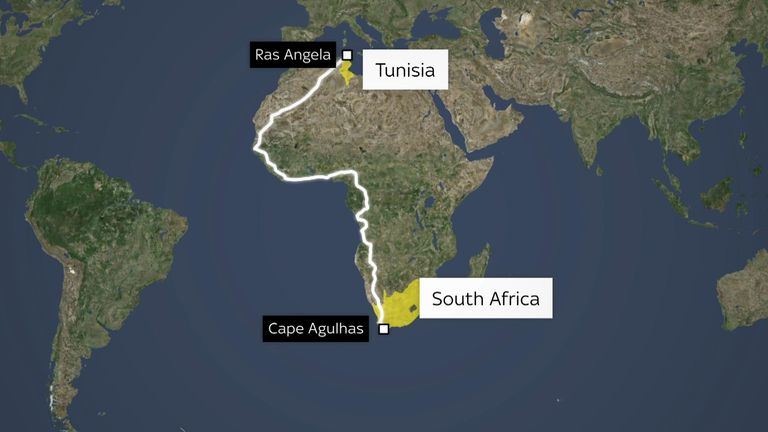 Russ Cook&#39;s route as he becomes the first person to run the length of Africa