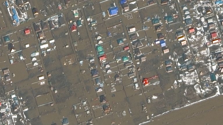 A satellite view shows floodwaters around homes near Orenburg airbase, Russia on April 3rd
Pic:: Maxar /Reuters