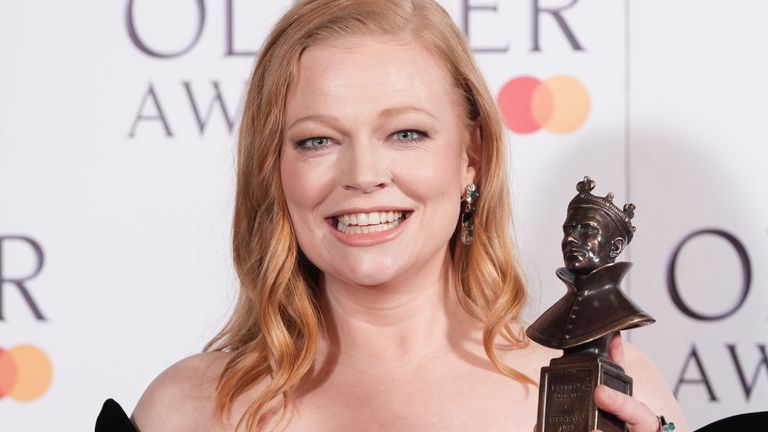 Sarah Snook in the press room after being presented with the Best Actress award at the Olivier Awards. Pic: PA